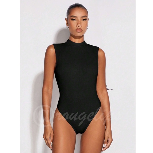 Black Cut Out Back Bodysuit Backless High Hip  High Neck, Sleeveless - Picture 2 of 8